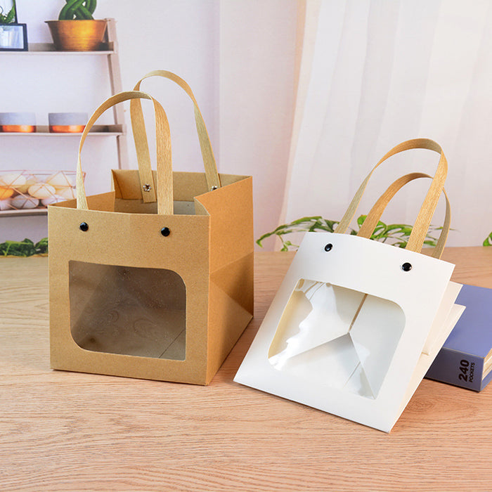 Kraft Paper Tote Bag With Transparent Window Portable Square Gift Wrapping Bag for Wedding Candy, Bouquet, Clothing, Party Gift