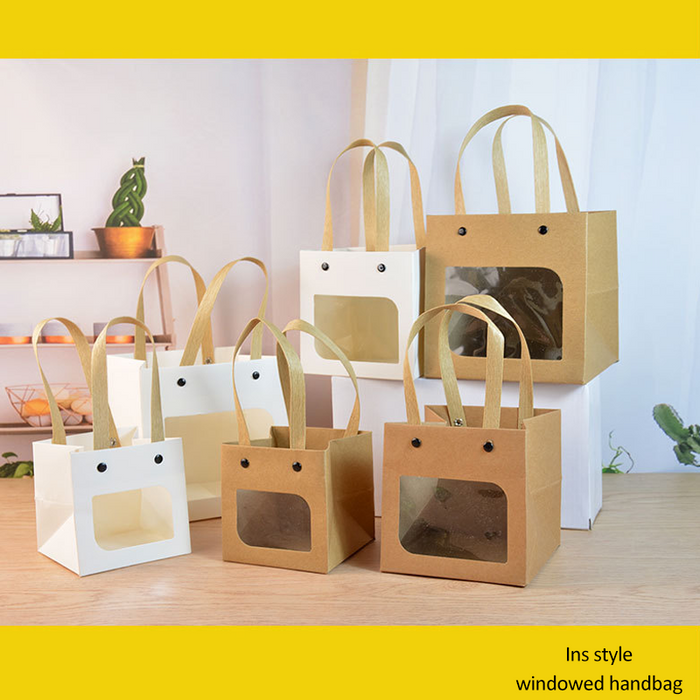 Kraft Paper Tote Bag With Transparent Window Portable Square Gift Wrapping Bag for Wedding Candy, Bouquet, Clothing, Party Gift