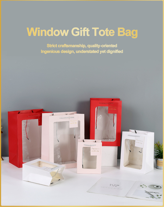 Clear Gift Bags with Transparent Window, Gift Wrap Bags with Handles Tote Paper Bags Bulk Flower Boxes for Bouquet Bridal Baby Shower Graduation Party Shopping