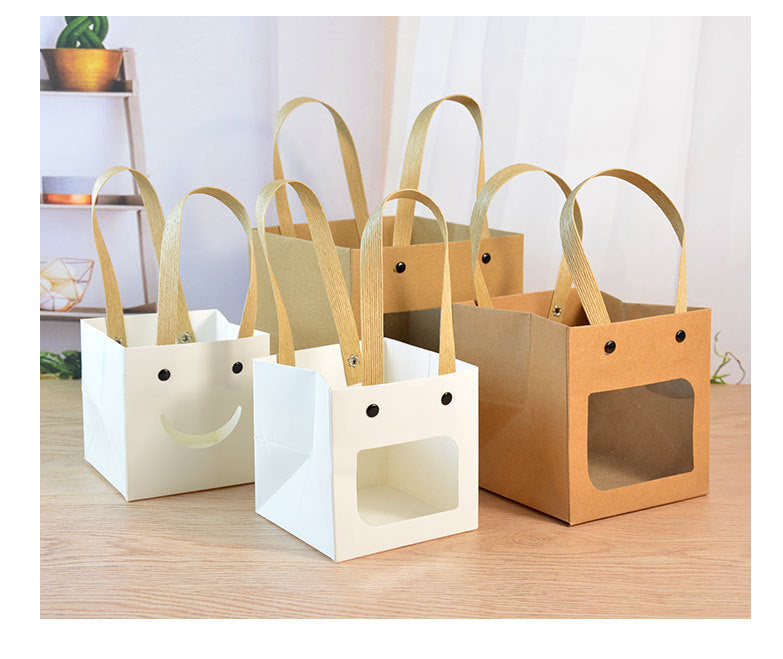 Kraft Paper Tote Bag With Transparent Window Portable Square Gift Wrapping Bag for Wedding Candy, Bouquet, Clothing, Party Gift